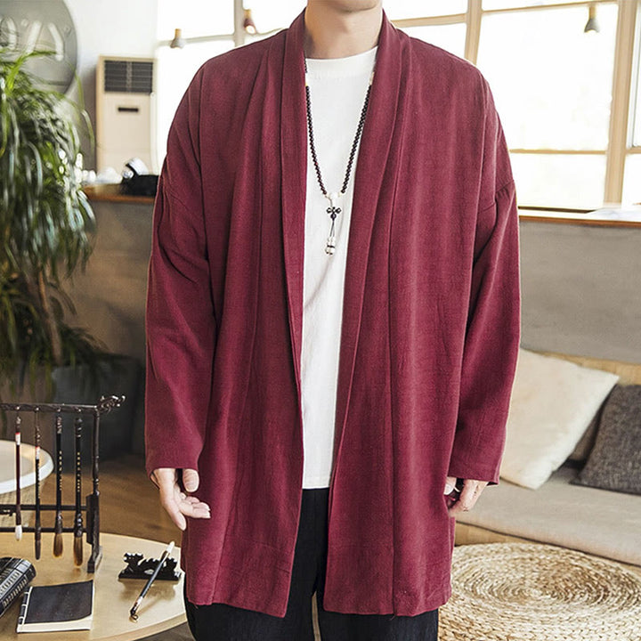 Abrigo de lino y algodón informal sencillo de otoño con Buddha Stones para hombre - image 5