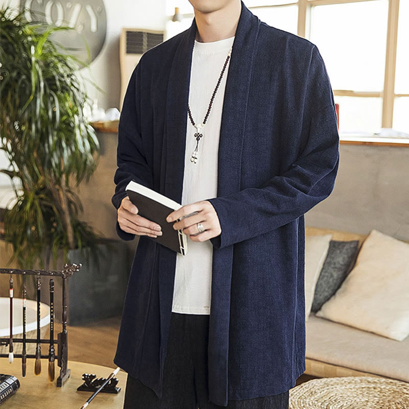 Abrigo de lino y algodón informal sencillo de otoño con Buddha Stones para hombre - image 9
