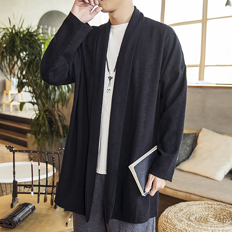 Abrigo de lino y algodón informal sencillo de otoño con Buddha Stones para hombre - image 13