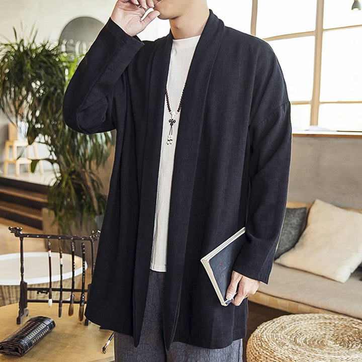 Abrigo de lino y algodón informal sencillo de otoño con Buddha Stones para hombre - image 13