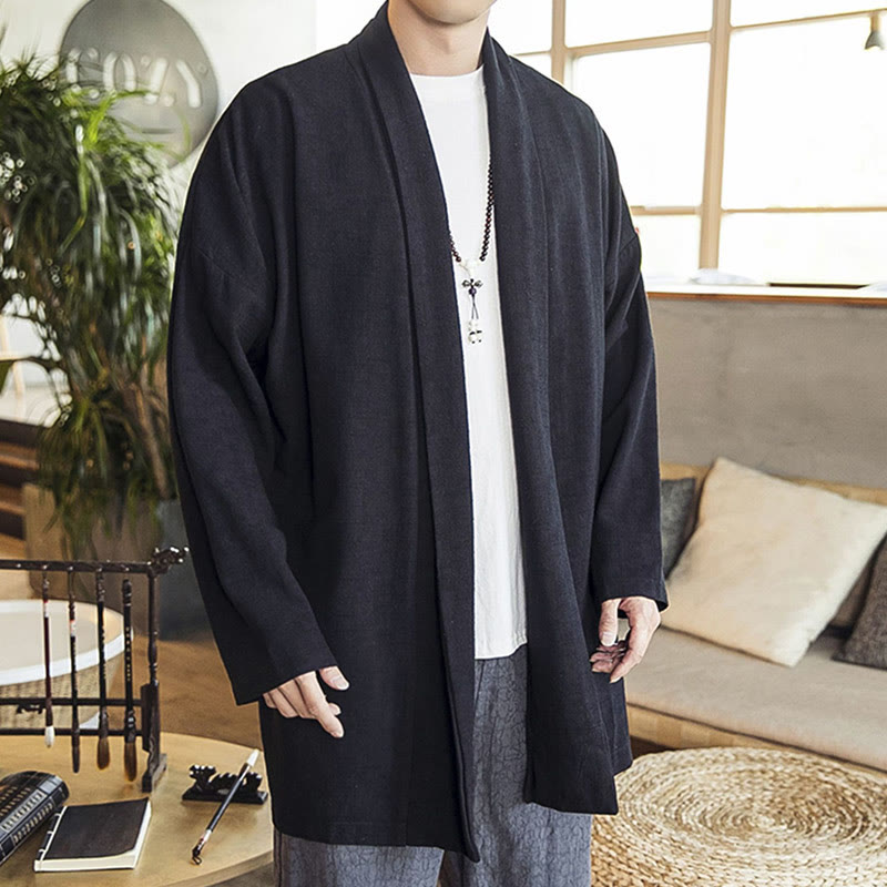 Abrigo de lino y algodón informal sencillo de otoño con Buddha Stones para hombre - image 14