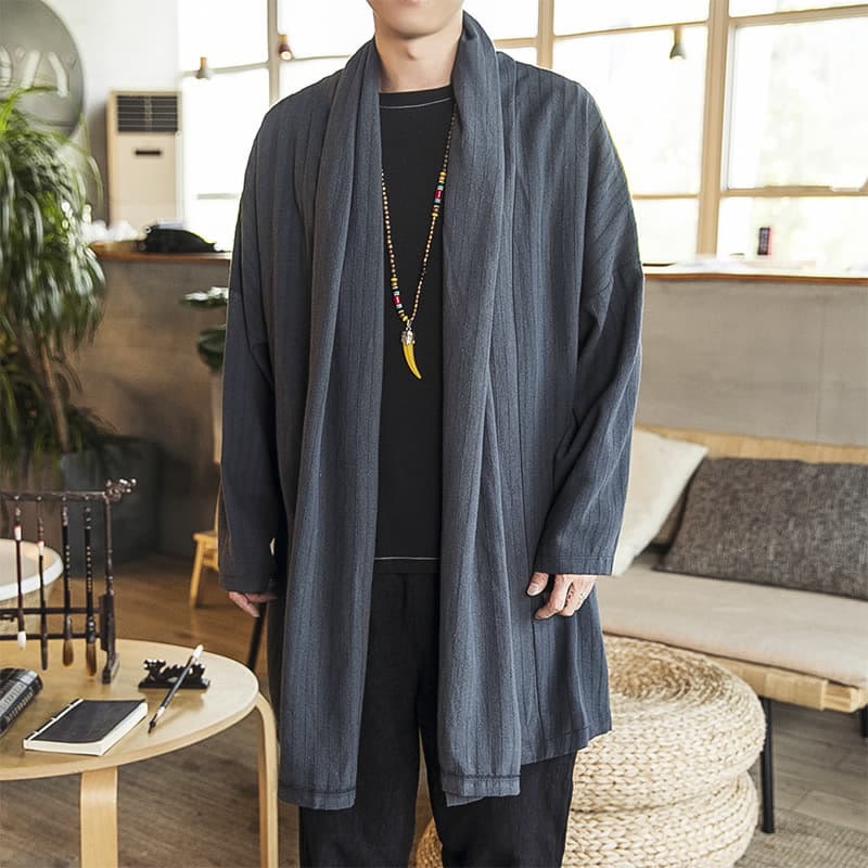 Abrigo de longitud media para hombre de mezcla de lino liso, holgado e informal, con Buddha Stones, para otoño - Gris pizarra claro - US/UK/AU42, EU52 (3XL) - image 0