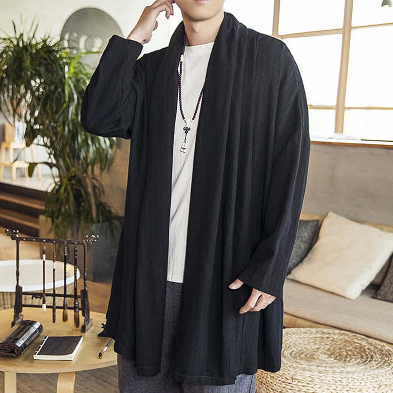 Abrigo de longitud media para hombre de mezcla de lino liso, holgado e informal, con Buddha Stones, para otoño - Negro - US/UK/AU42, EU52 (3XL) - image 10