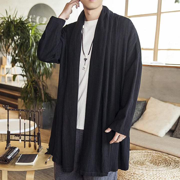 Abrigo de longitud media para hombre de mezcla de lino liso, holgado e informal, con Buddha Stones, para otoño - Negro - US/UK/AU42, EU52 (3XL) - image 10