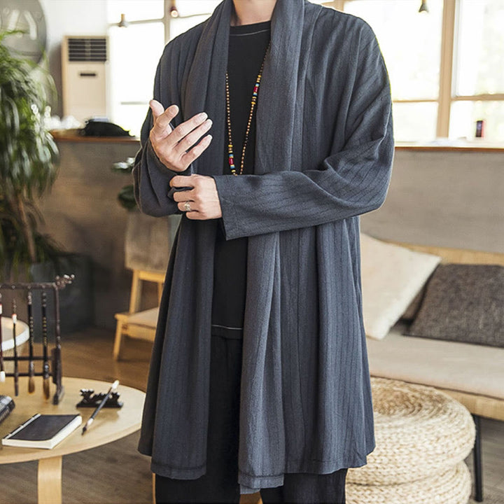 Abrigo de longitud media para hombre de mezcla de lino liso, holgado e informal, con Buddha Stones, para otoño - image 2
