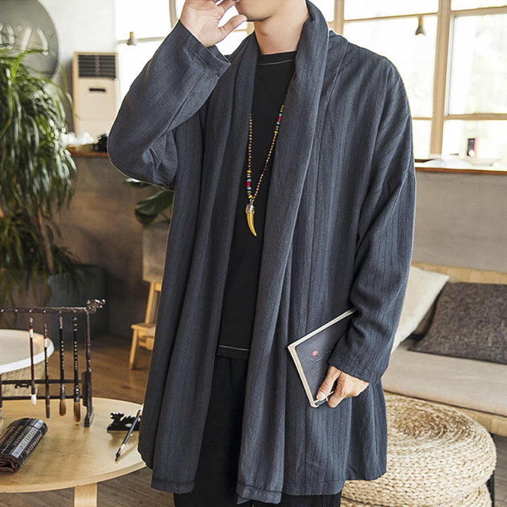 Abrigo de longitud media para hombre de mezcla de lino liso, holgado e informal, con Buddha Stones, para otoño - image 7