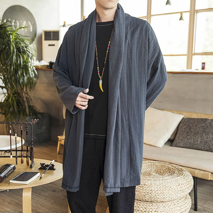 Abrigo de longitud media para hombre de mezcla de lino liso, holgado e informal, con Buddha Stones, para otoño - image 8
