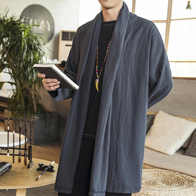 Abrigo de longitud media para hombre de mezcla de lino liso, holgado e informal, con Buddha Stones, para otoño - image 6
