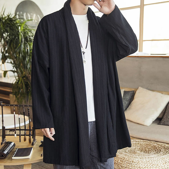 Abrigo de longitud media para hombre de mezcla de lino liso, holgado e informal, con Buddha Stones, para otoño - image 11