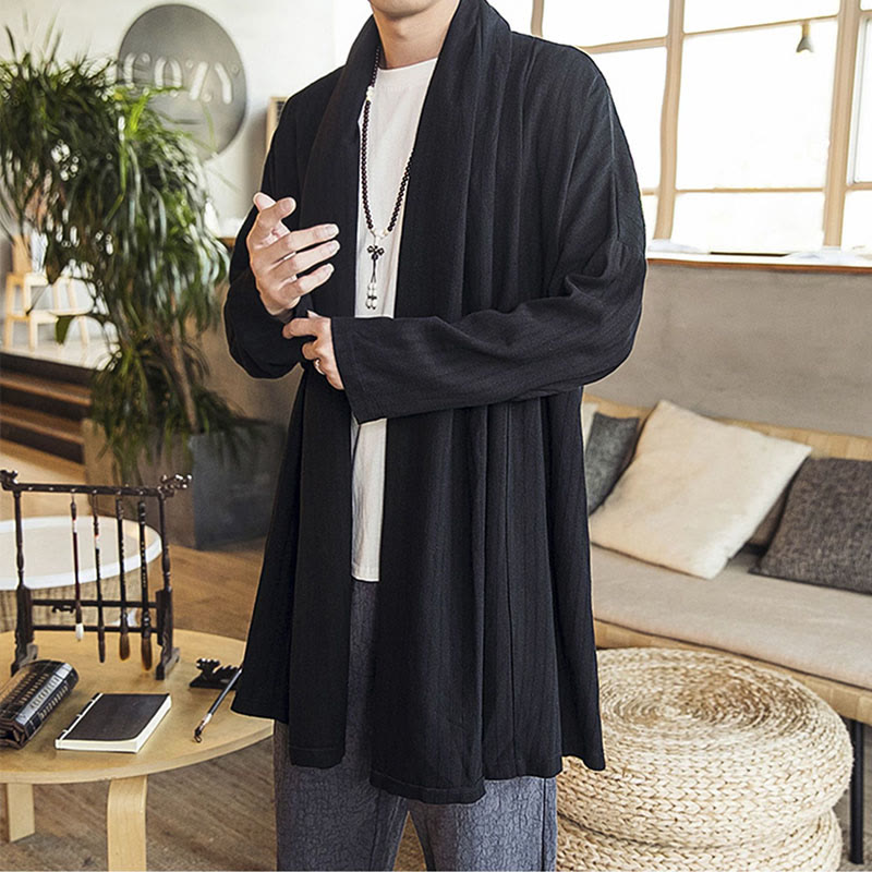 Abrigo de longitud media para hombre de mezcla de lino liso, holgado e informal, con Buddha Stones, para otoño - image 12