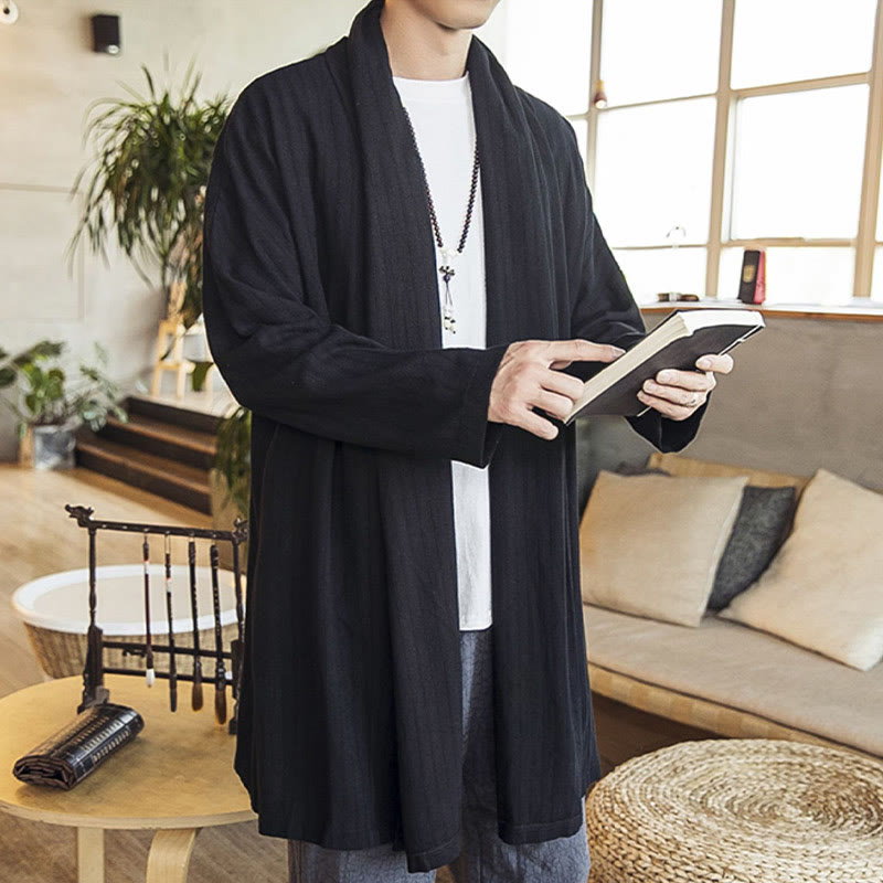 Abrigo de longitud media para hombre de mezcla de lino liso, holgado e informal, con Buddha Stones, para otoño - image 13