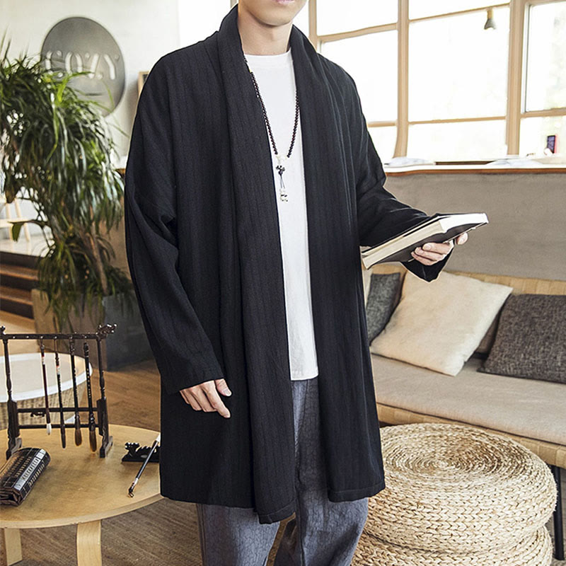 Abrigo de longitud media para hombre de mezcla de lino liso, holgado e informal, con Buddha Stones, para otoño - image 14