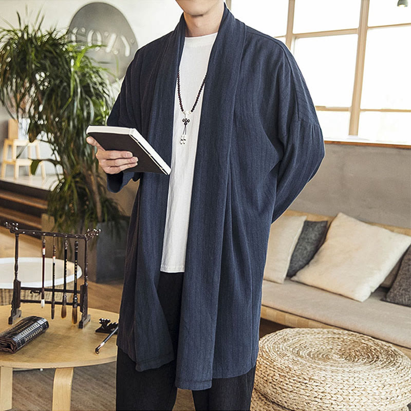 Abrigo de longitud media para hombre de mezcla de lino liso, holgado e informal, con Buddha Stones, para otoño - image 17
