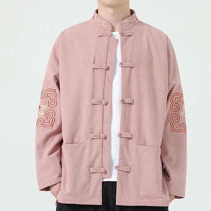 Traje Tang con Buddha Stones, chaqueta de pana de algodón con bordado simétrico y bolsillos
