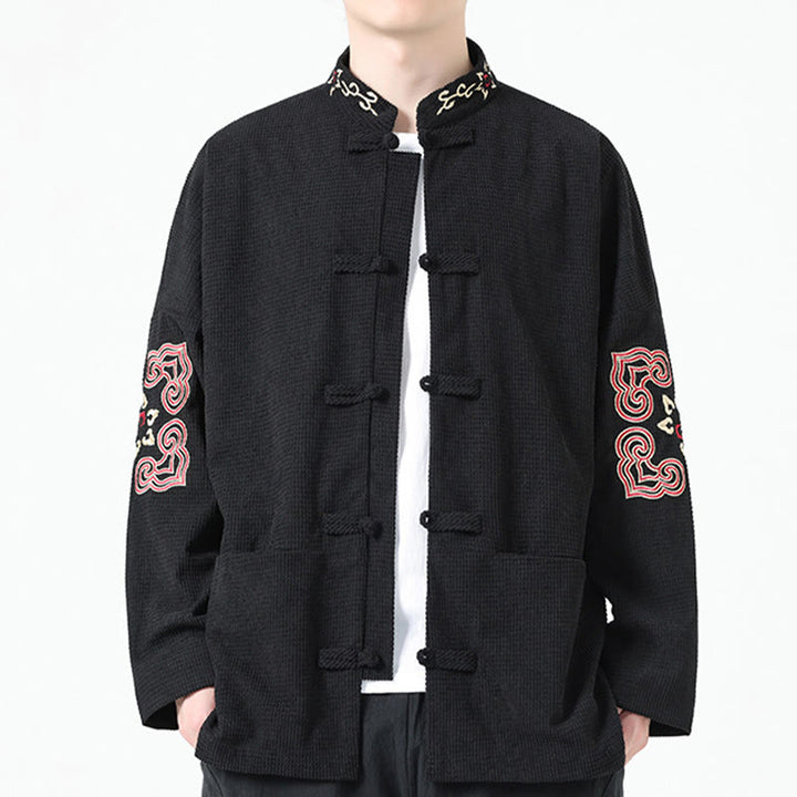 Traje Tang con Buddha Stones, chaqueta de pana de algodón con bordado simétrico y bolsillos