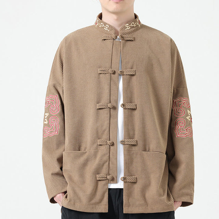 Traje Tang con Buddha Stones, chaqueta de pana de algodón con bordado simétrico y bolsillos