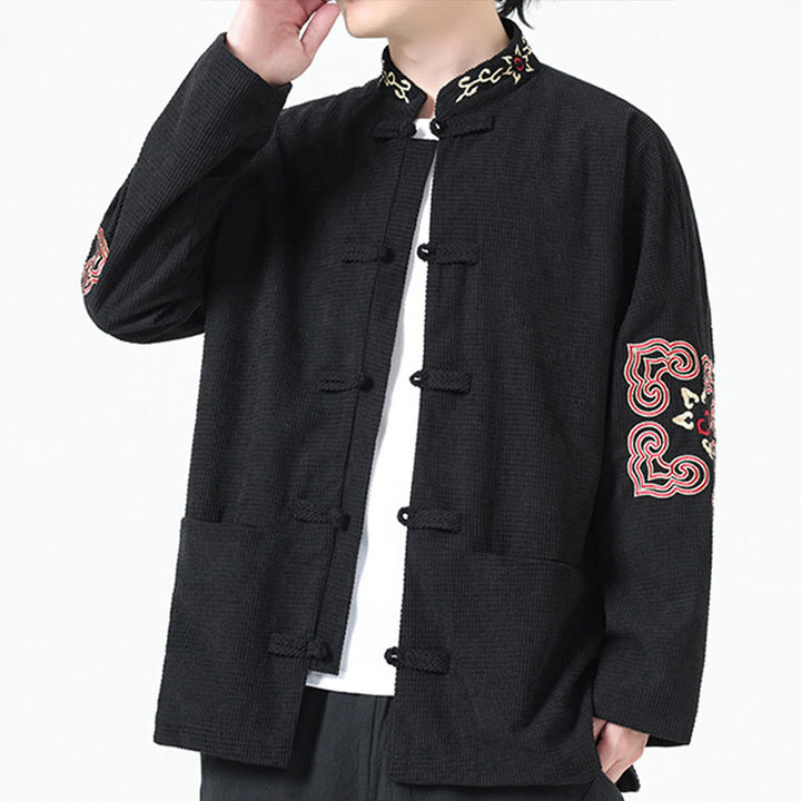 Traje Tang con Buddha Stones, chaqueta de pana de algodón con bordado simétrico y bolsillos