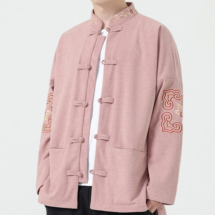 Traje Tang con Buddha Stones, chaqueta de pana de algodón con bordado simétrico y bolsillos