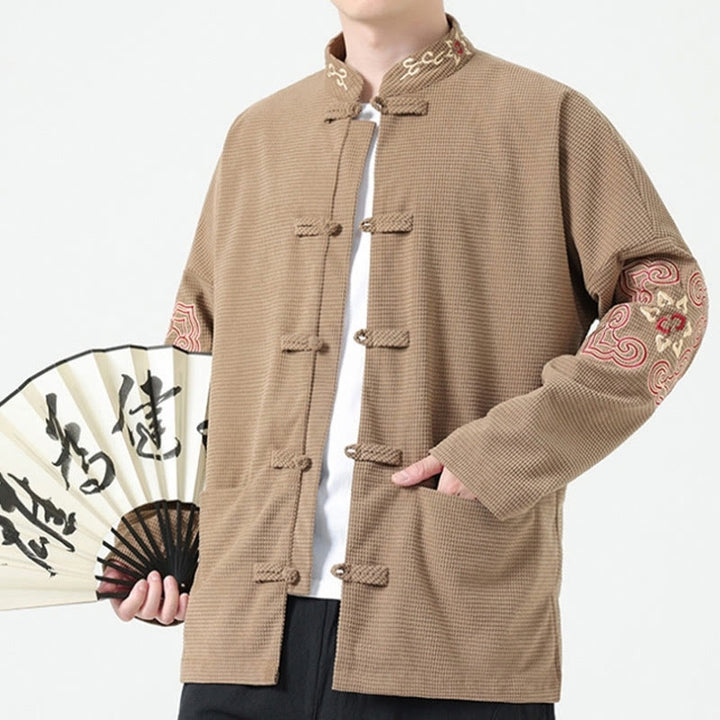 Traje Tang con Buddha Stones, chaqueta de pana de algodón con bordado simétrico y bolsillos