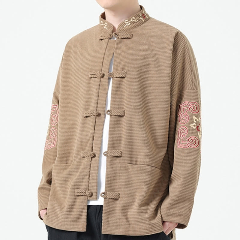 Traje Tang con Buddha Stones, chaqueta de pana de algodón con bordado simétrico y bolsillos