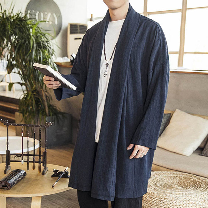 Abrigo de longitud media para hombre de mezcla de lino liso, holgado e informal, con Buddha Stones, para otoño - image 18