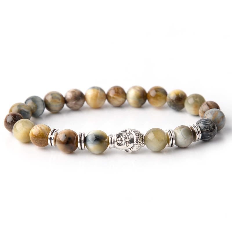 Pulsera de equilibrio con cabeza de Buda y ojo de tigre azul, verde y rojo con Buddha Stones