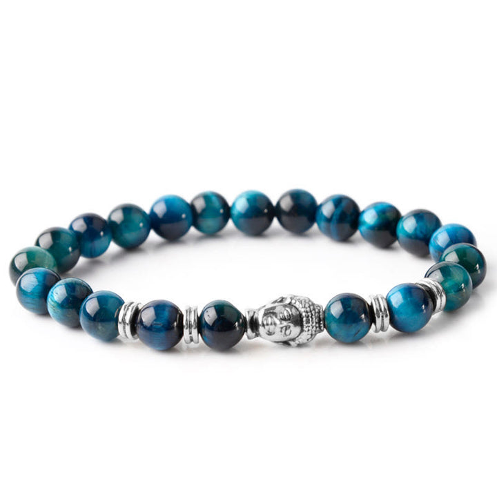 Pulsera de equilibrio con cabeza de Buda y ojo de tigre azul, verde y rojo con Buddha Stones