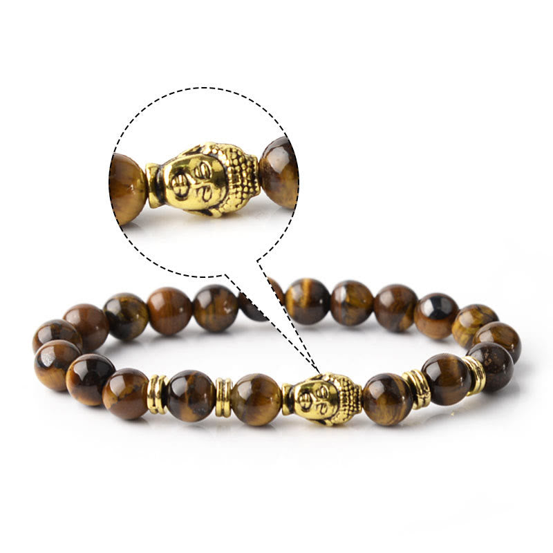 Pulsera de equilibrio con cabeza de Buda y ojo de tigre azul, verde y rojo con Buddha Stones