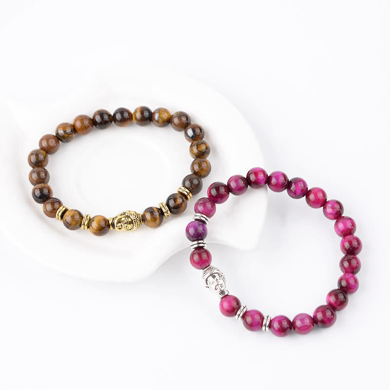 Pulsera de equilibrio con cabeza de Buda y ojo de tigre azul, verde y rojo con Buddha Stones