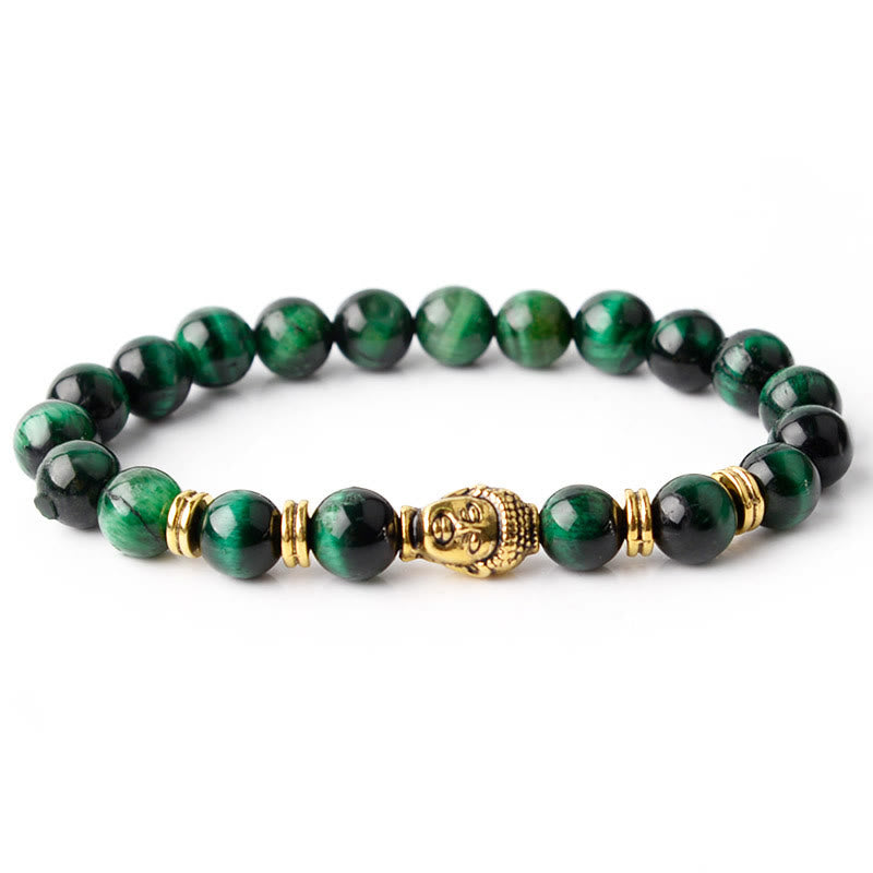 Pulsera de equilibrio con cabeza de Buda y ojo de tigre azul, verde y rojo con Buddha Stones