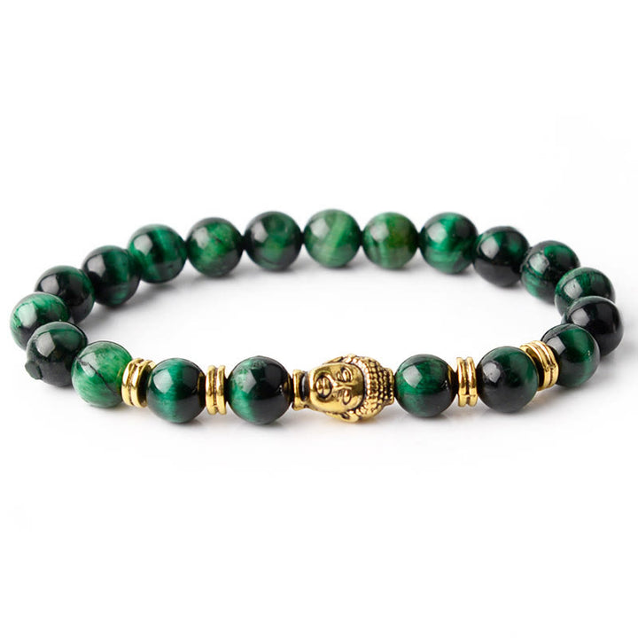 Pulsera de equilibrio con cabeza de Buda y ojo de tigre azul, verde y rojo con Buddha Stones