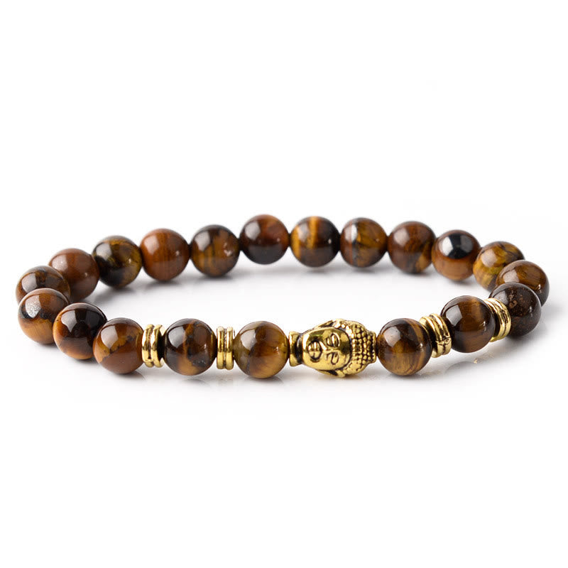 Pulsera de equilibrio con cabeza de Buda y ojo de tigre azul, verde y rojo con Buddha Stones