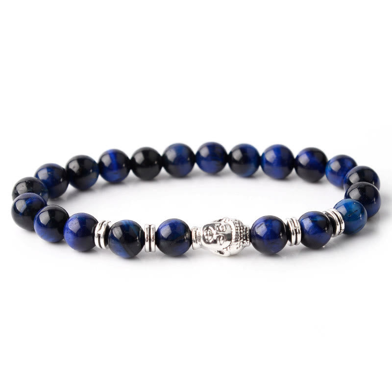 Pulsera de equilibrio con cabeza de Buda y ojo de tigre azul, verde y rojo con Buddha Stones
