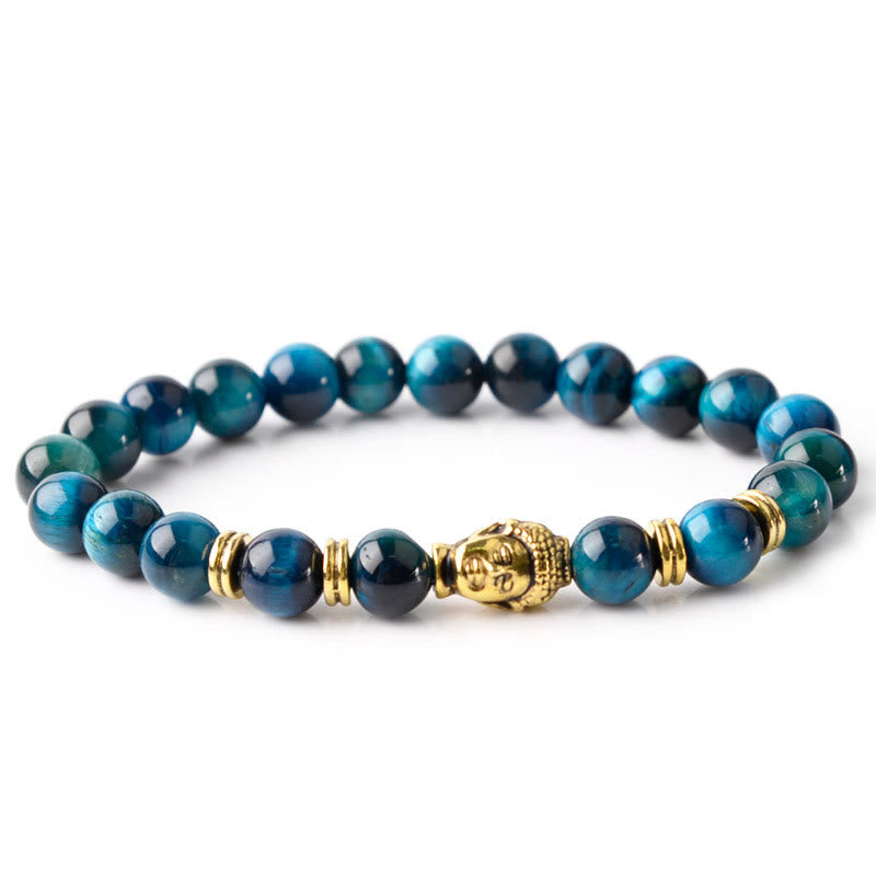 Pulsera de equilibrio con cabeza de Buda y ojo de tigre azul, verde y rojo con Buddha Stones