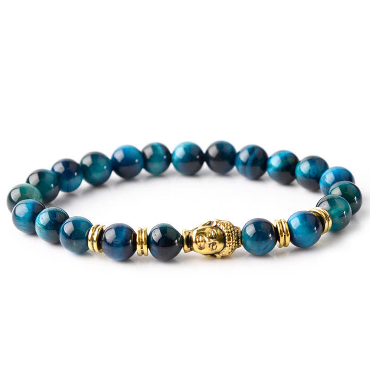 Pulsera de equilibrio con cabeza de Buda y ojo de tigre azul, verde y rojo con Buddha Stones