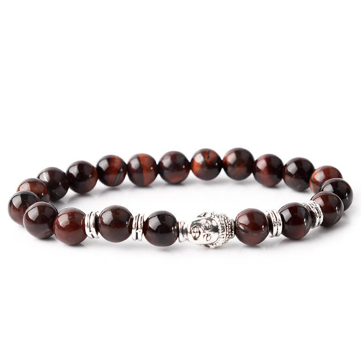 Pulsera de equilibrio con cabeza de Buda y ojo de tigre azul, verde y rojo con Buddha Stones
