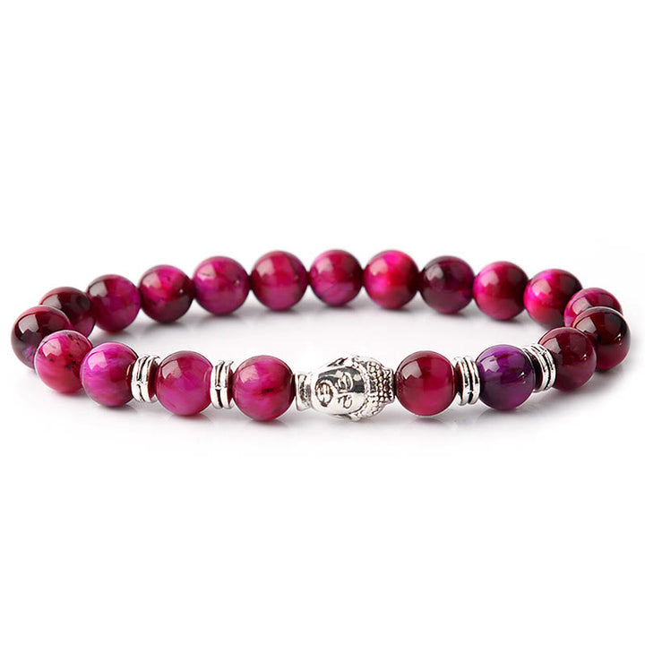 Pulsera de equilibrio con cabeza de Buda y ojo de tigre azul, verde y rojo con Buddha Stones