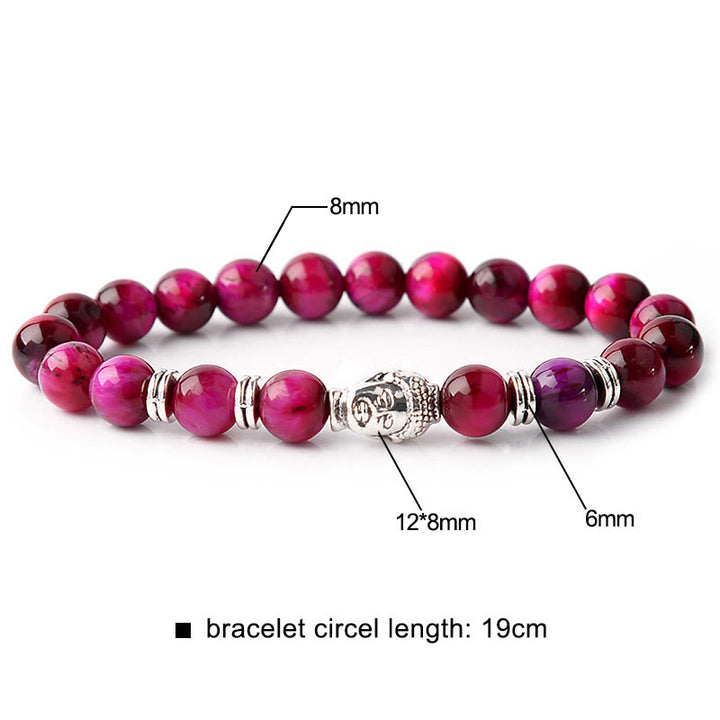 Pulsera de equilibrio con cabeza de Buda y ojo de tigre azul, verde y rojo con Buddha Stones