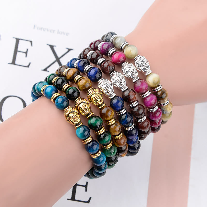 Pulsera de equilibrio con cabeza de Buda y ojo de tigre azul, verde y rojo con Buddha Stones