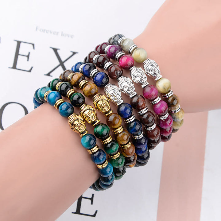 Pulsera de equilibrio con cabeza de Buda y ojo de tigre azul, verde y rojo con Buddha Stones