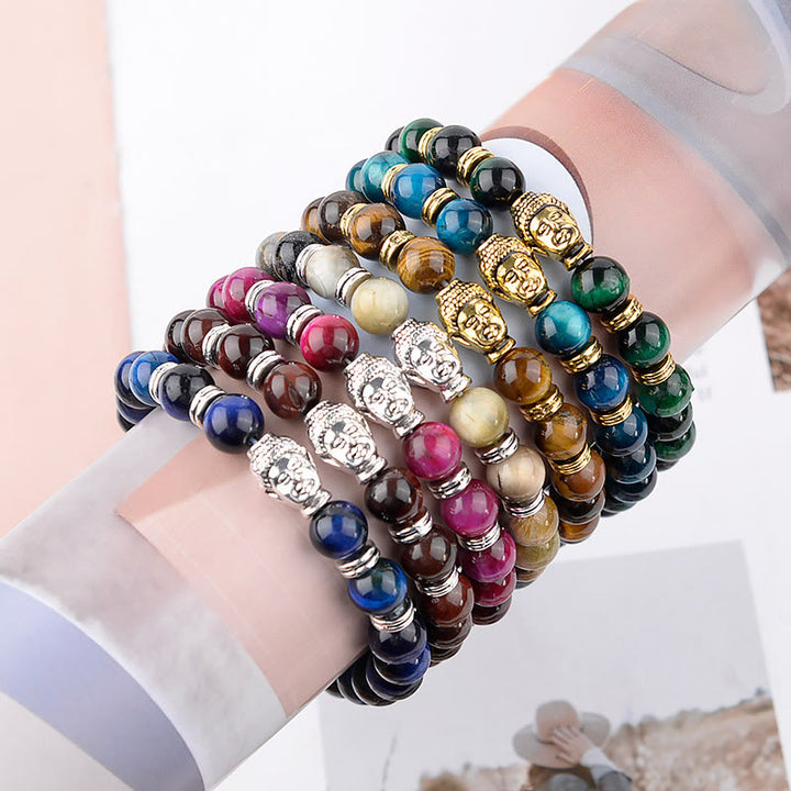 Pulsera de equilibrio con cabeza de Buda y ojo de tigre azul, verde y rojo con Buddha Stones