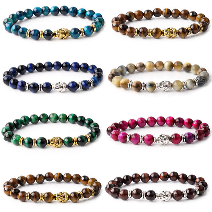 Pulsera de equilibrio con cabeza de Buda y ojo de tigre azul, verde y rojo con Buddha Stones