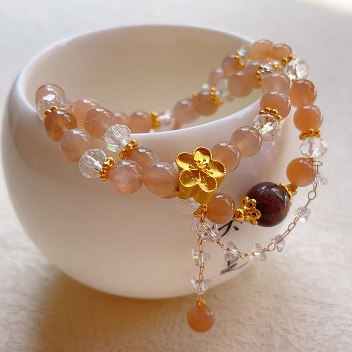 Pulsera de doble vuelta con Buddha Stones, piedra solar, cristal, flor de durazno y riqueza