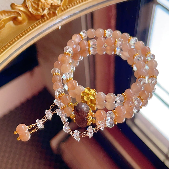 Pulsera de doble vuelta con Buddha Stones, piedra solar, cristal, flor de durazno y riqueza