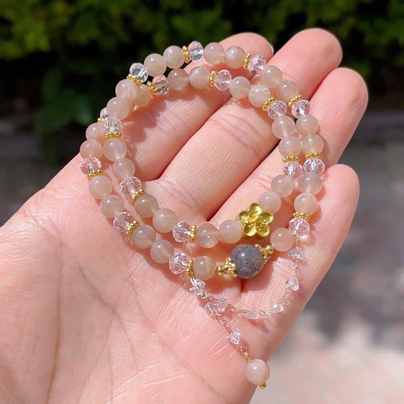 Pulsera de doble vuelta con Buddha Stones, piedra solar, cristal, flor de durazno y riqueza