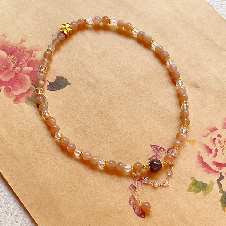 Pulsera de doble vuelta con Buddha Stones, piedra solar, cristal, flor de durazno y riqueza