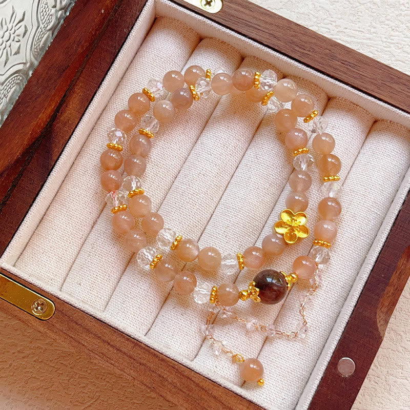 Pulsera de doble vuelta con Buddha Stones, piedra solar, cristal, flor de durazno y riqueza