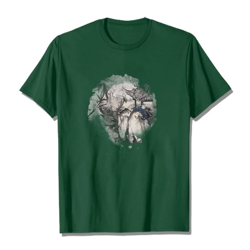 Camiseta con diseño de pabellón de montaña de bambú chino con Buddha Stones - Verde bosque - 2XL - image 11
