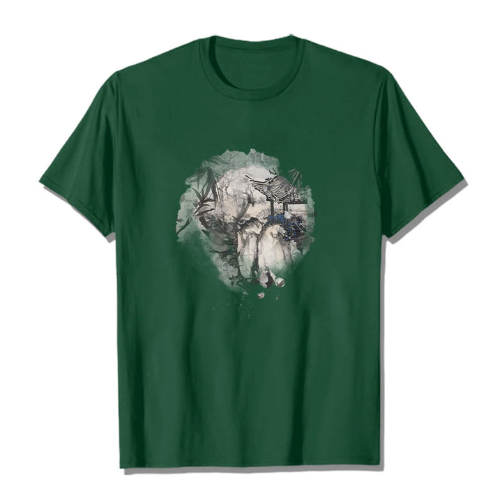 Camiseta con diseño de pabellón de montaña de bambú chino con Buddha Stones - Verde bosque - 2XL - image 11
