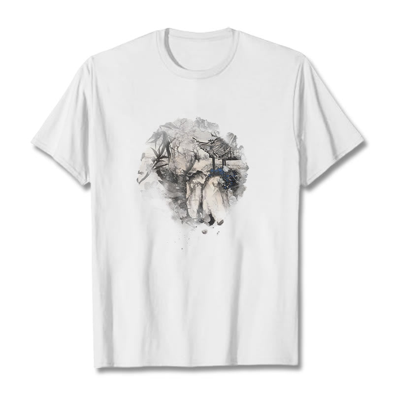 Camiseta con diseño de pabellón de montaña de bambú chino con Buddha Stones - Blanco - 2XL - image 7